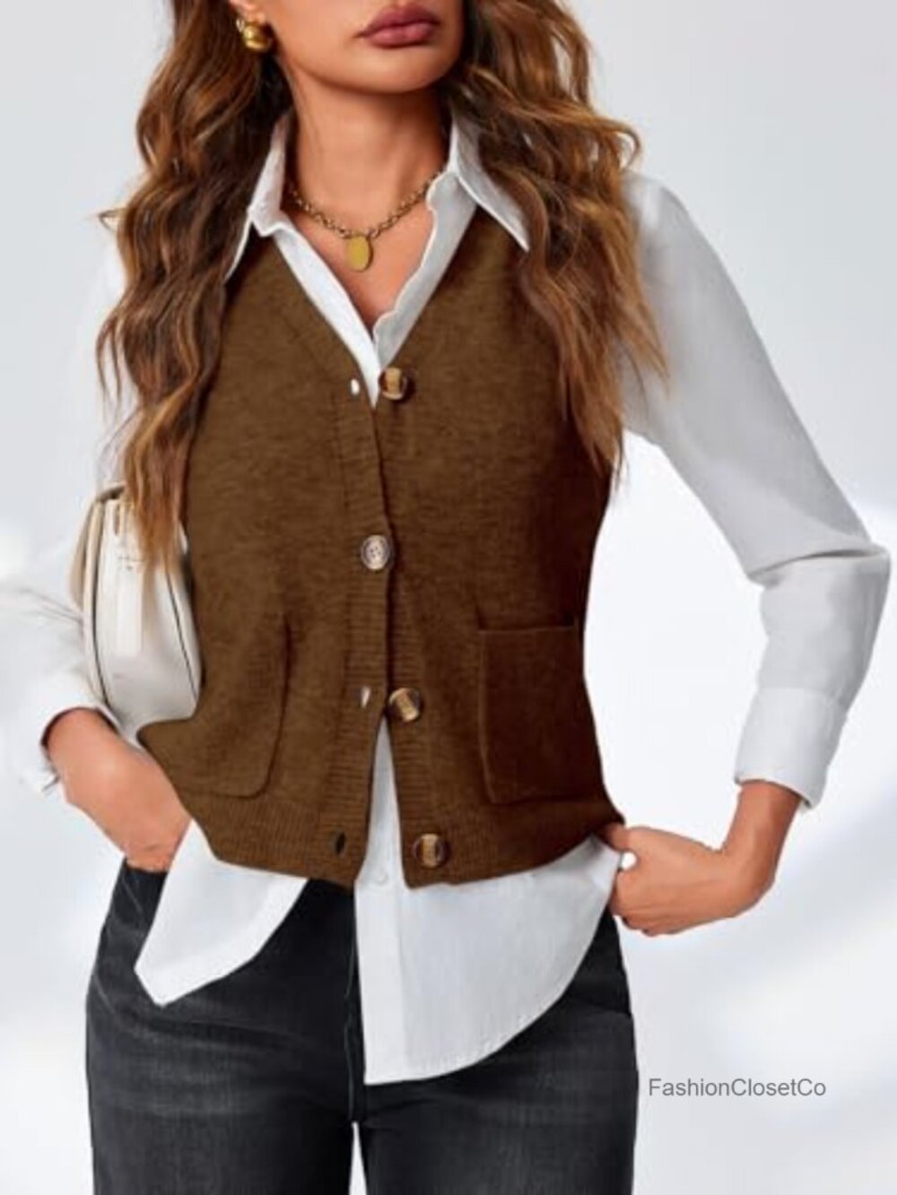 Sleeveless Sweater Vest V Neck Button Knit Cardigan with Pockets - Picture 3 of 6